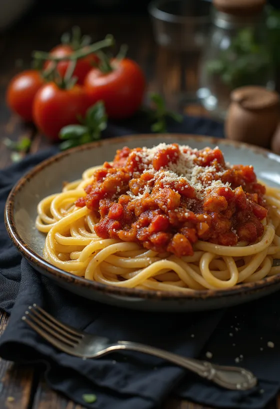 Mì Ý sốt cà chua với húng quế tươi và phô mai Parmesan bào
