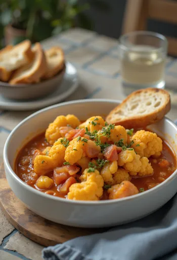 Súp hầm súp lơ gia vị đậm đà trong sốt cà chua, rắc ngò tây tươi.