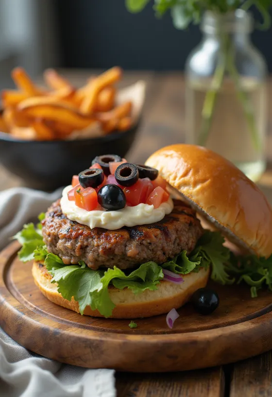 Burger Oliu Địa Trung Hải được bày ra đĩa