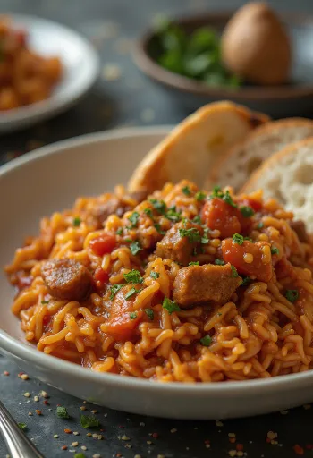 Cơm Goulash phục vụ với mùi tây tươi