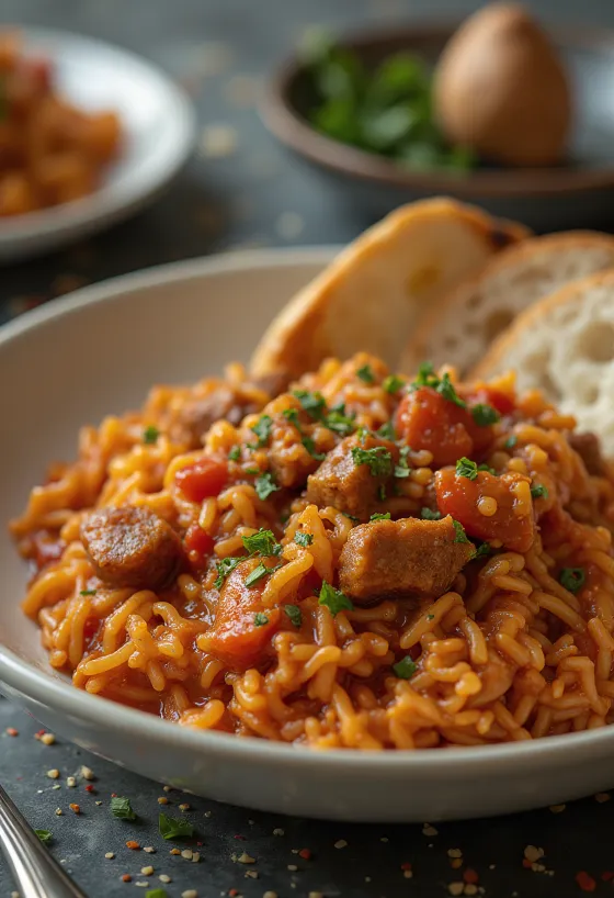 Cơm Goulash phục vụ với mùi tây tươi