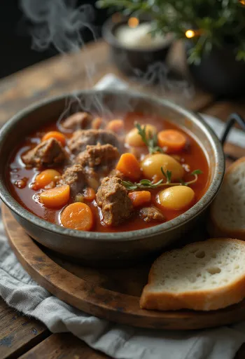 Goulash nấu vạc hương khói, phục vụ đầy đặn cùng bánh mì tươi