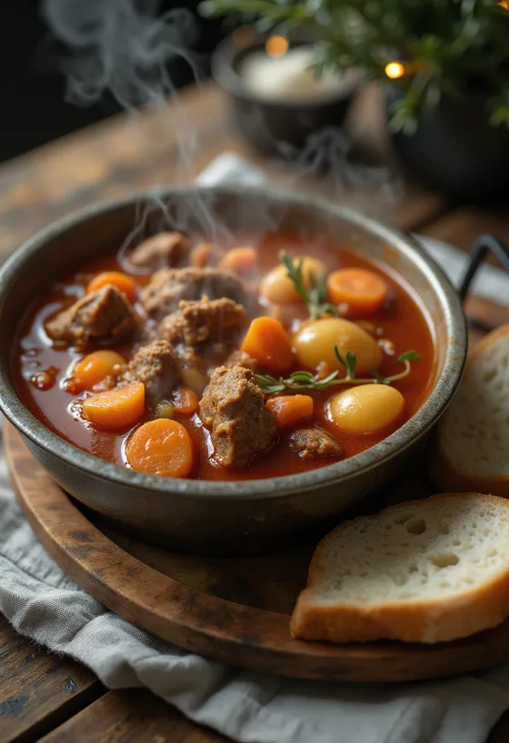 Goulash nấu vạc hương khói, phục vụ đầy đặn cùng bánh mì tươi