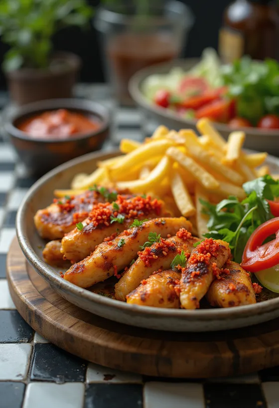 Đĩa gyros cay với thịt nướng, rau củ và sốt ớt