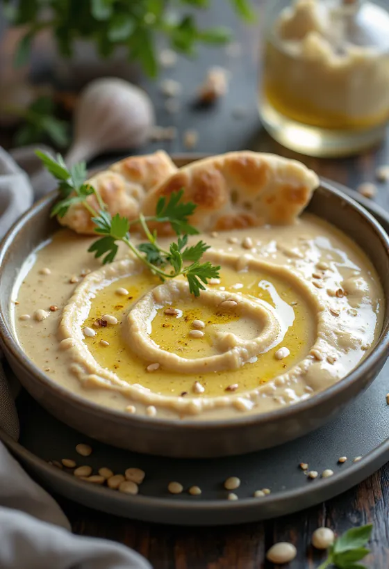 Sốt tahini tỏi cà ri được phục vụ trong bát