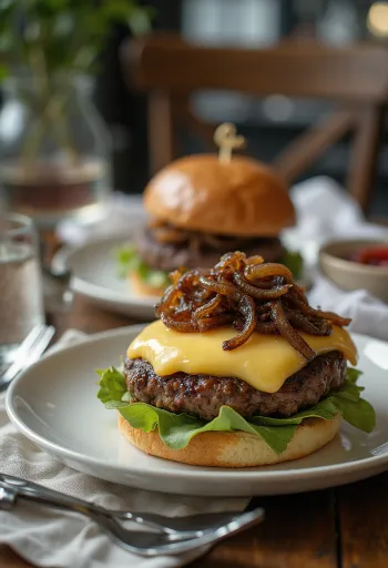 Hamburger kiểu Pháp với phô mai camembert và hành tây caramel