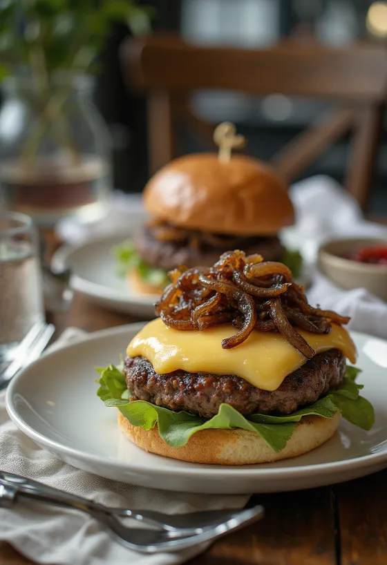 Hamburger kiểu Pháp với phô mai camembert và hành tây caramel