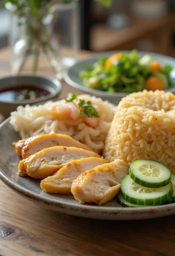 Cơm gà Hải Nam phục vụ với dưa chuột tươi và rau mùi