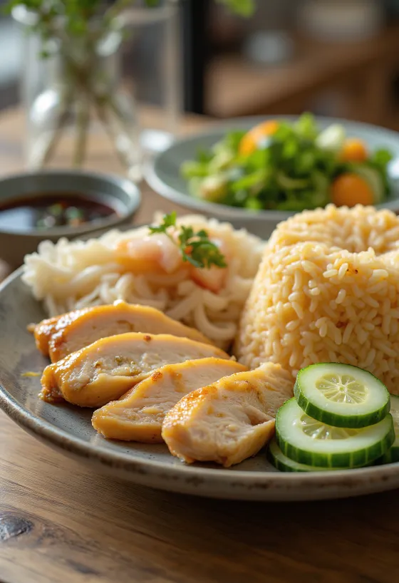 Cơm gà Hải Nam phục vụ với dưa chuột tươi và rau mùi