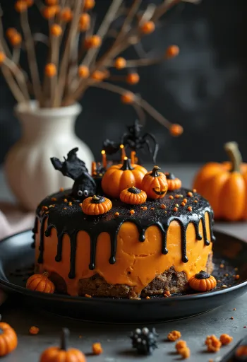 Bánh Halloween với fondant màu cam và trang trí màu đen