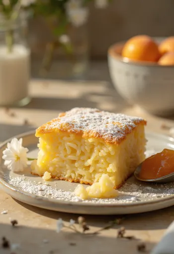 Bánh souffle gạo nướng vàng nâu, rắc đường bột và phục vụ với mứt trái cây