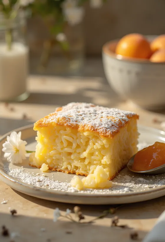 Bánh souffle gạo nướng vàng nâu, rắc đường bột và phục vụ với mứt trái cây