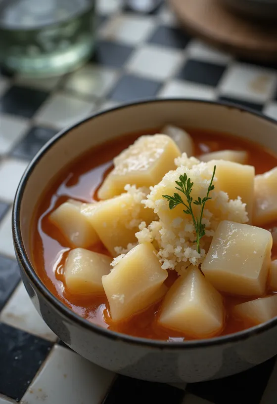 Món hầm mỡ cá voi được phục vụ trong bát mộc mạc cùng bánh mì.