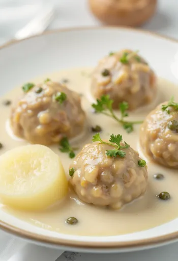 Thịt viên Đức sốt kem nụ bạch hoa mịn màng